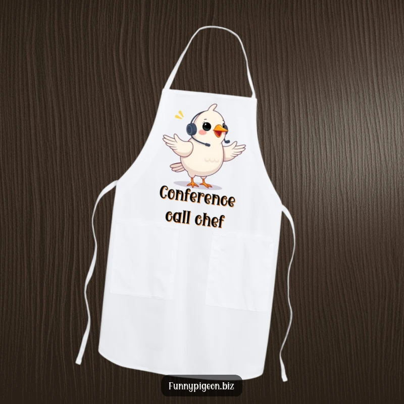 Funny Pigeon Apron: A plump pigeon with a headset gestures excitedly in a video conference, a humorous and practical kitchen accessory.