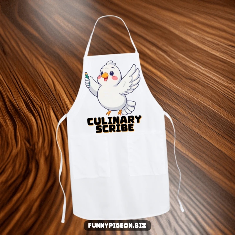 Funny Pigeon Writer Apron: A chubby pigeon carries a pen, ready for literary or culinary creations, a humorous kitchen accessory.