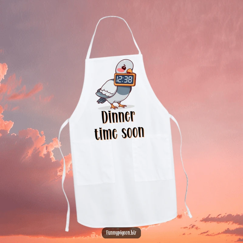 Funny kitchen apron featuring a pigeon playfully pecking at a digital clock showing a funny time, ideal for humorous cooking.
