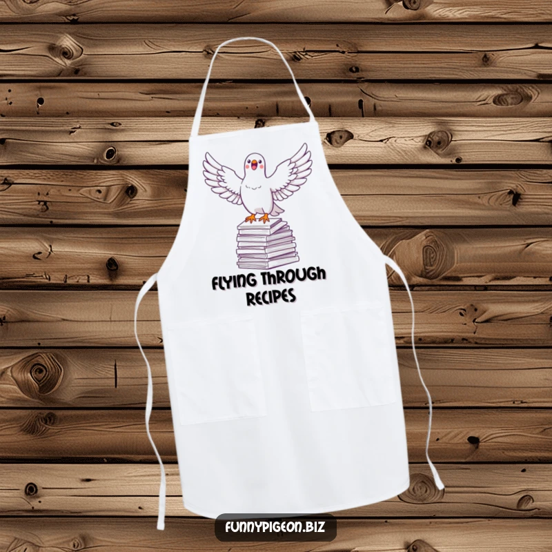 Funny pigeon apron with a jubilant pigeon soaring over paperwork, bringing humorous relief to kitchen duties.