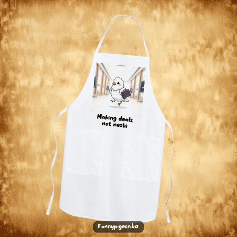 Funny pigeon chef apron showing a fluffy bird with a briefcase, ready to cook, bringing humor to the kitchen.