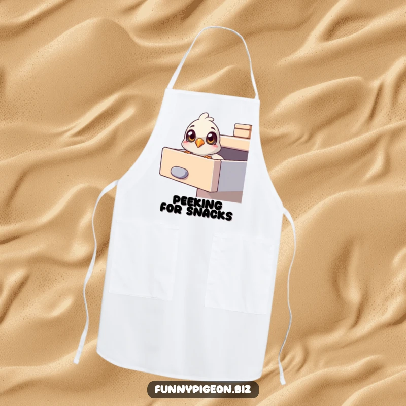 Funny pigeon apron with a curious pigeon peering into an office drawer, bringing a playful, investigative charm to the kitchen.