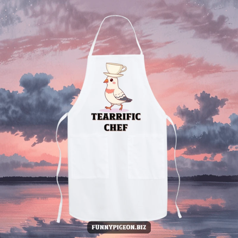 Funny kitchen apron featuring a pigeon balancing a teacup on its head, perfect for humorous culinary endeavors and keeping clothes clean.