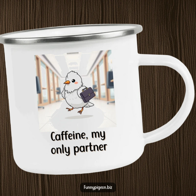 Funny pigeon campfire mug featuring a fluffy bird with a briefcase venturing outdoors, adding humor to camp coffee.