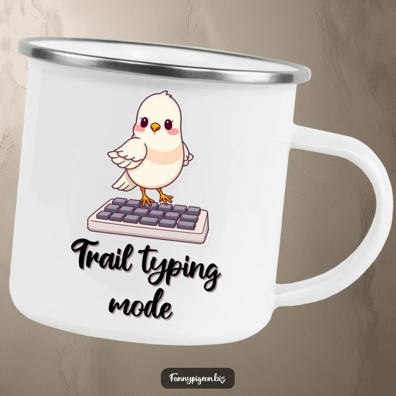 Funny camping mug featuring a smug pigeon balancing on a computer keyboard, ready for any digital or outdoor adventure.