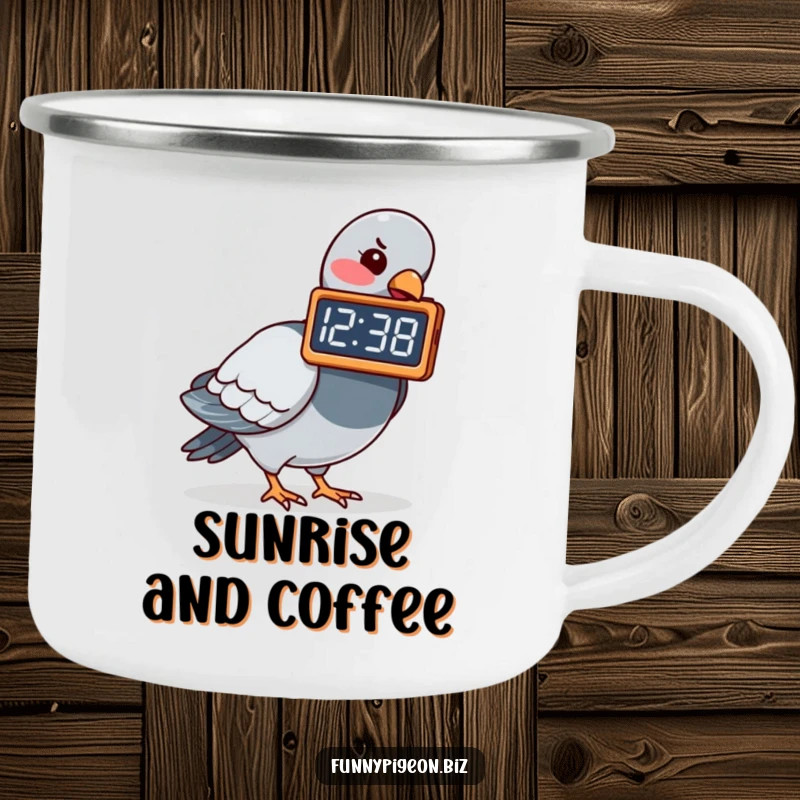 Durable camping mug featuring a pigeon playfully pecking at a digital clock showing a funny time, for humorous outdoor enjoyment.
