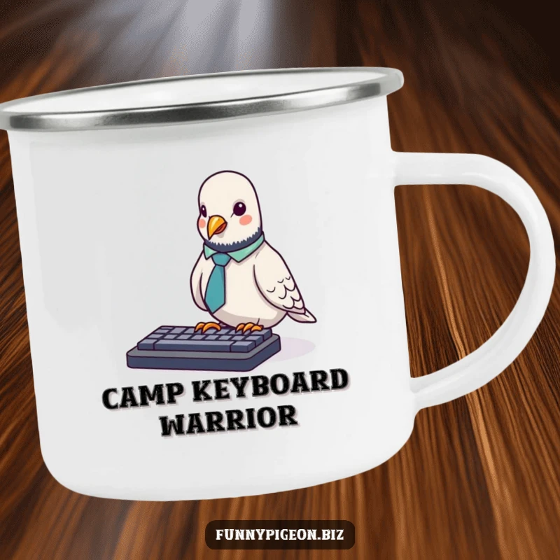 Funny Pigeon Camping Mug: A tiny pigeon in an office tie awkwardly pecks at a keyboard, perfect for humorous outdoor beverages.