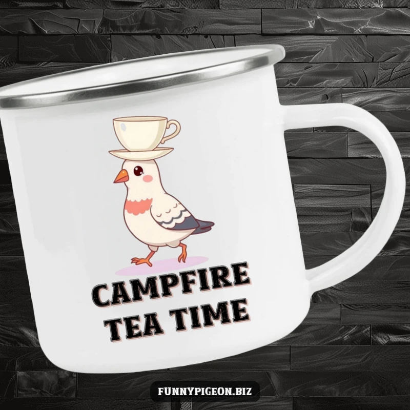 Durable camping mug featuring a pigeon balancing a teacup on its head, for humorous outdoor enjoyment and a touch of city flair.
