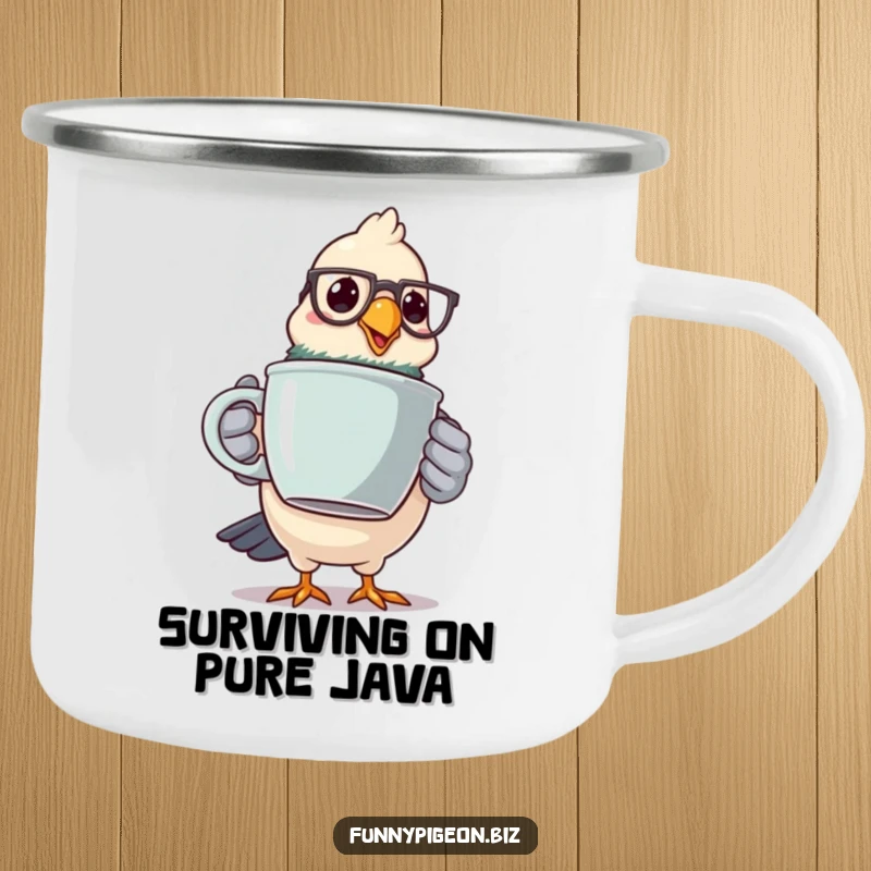 Funny pigeon camp coffee mug with a spectacled bird wobbling with a huge mug, perfect for outdoor brews.