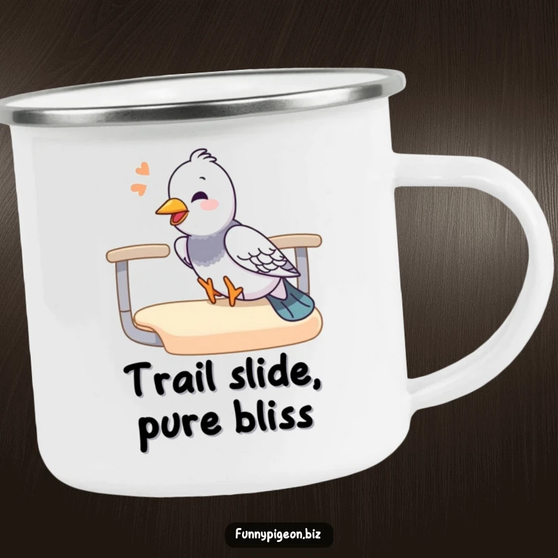 Funny pigeon camping mug showing a giggling pigeon sliding down an office chair armrest, perfect for drinks on the move.