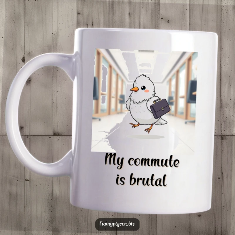 Funny office pigeon mug featuring a fluffy bird with a tiny briefcase, happily hopping across an office floor, embodying workplace humor.