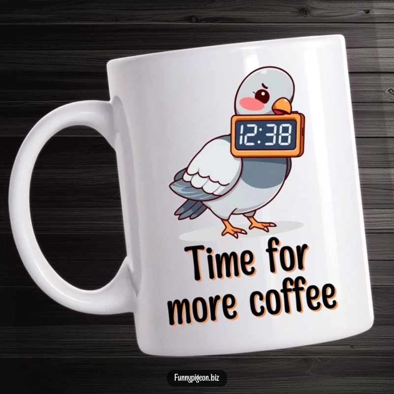 Funny illustration of a pigeon playfully pecking at a digital clock displaying a nonsensical time, printed on a mug.