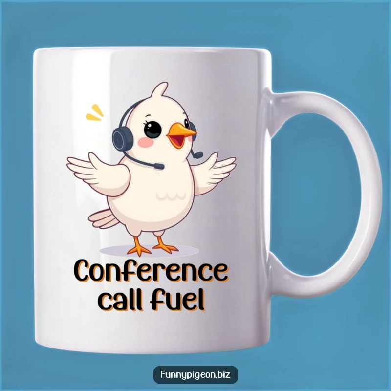 Funny Pigeon Video Conference Mug: Excited Gestures & Headset Humor Gift!