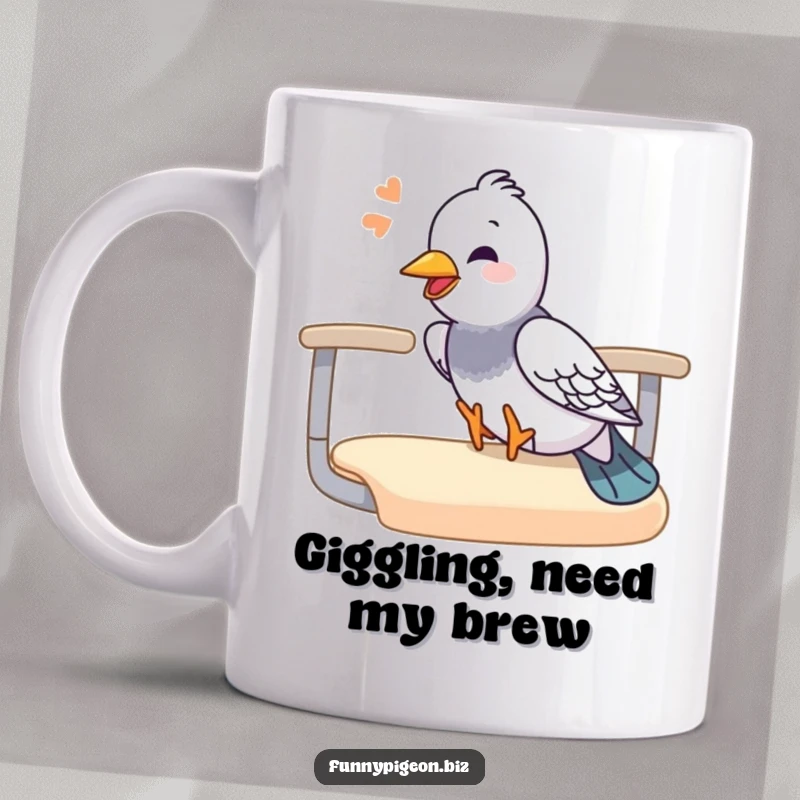 Funny pigeon mug depicting a pigeon gleefully giggling while sliding down an office chair armrest, capturing pure joy and mischief.