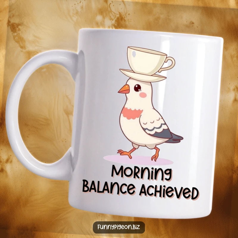 Funny illustration of a pigeon walking with a teacup perfectly balanced on its head, printed on a mug, capturing urban charm.
