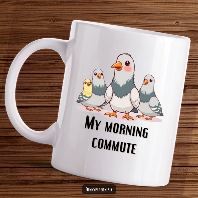 Funny illustration of pigeons enthusiastically nodding during a pretend conference call, printed on a mug, capturing corporate bird humor.