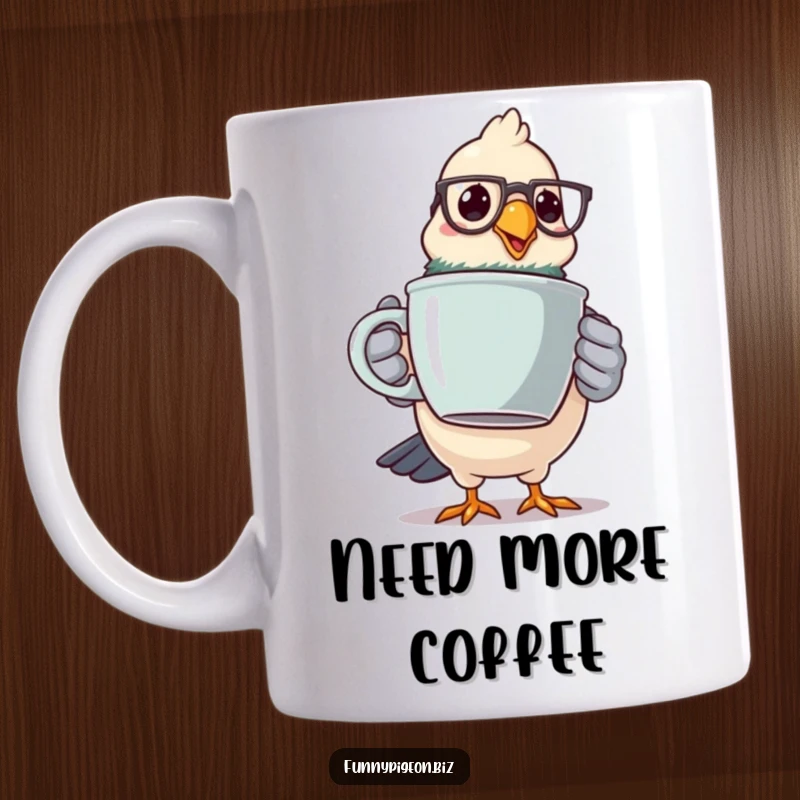 Funny pigeon mug featuring a spectacled bird comically wobbling while holding a giant coffee mug, embodying morning struggles.