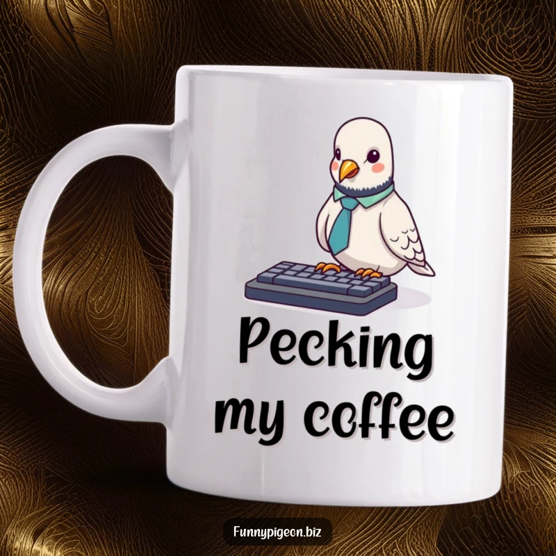 Funny Pigeon Mug: A tiny pigeon in an office tie awkwardly pecks at a computer keyboard, a hilarious start to any workday.