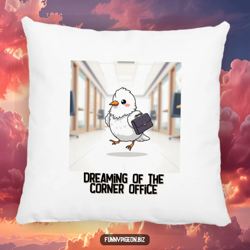 Funny pigeon briefcase pillow featuring a fluffy bird with a tiny briefcase, hopping along, offering comfort and comical office vibes.