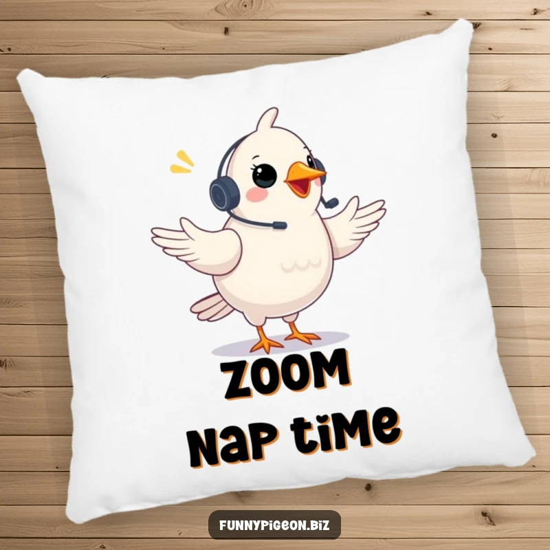 Funny Pigeon Pillow: A plump pigeon with a headset gestures excitedly in a video conference, offering comfort and a humorous virtual design.