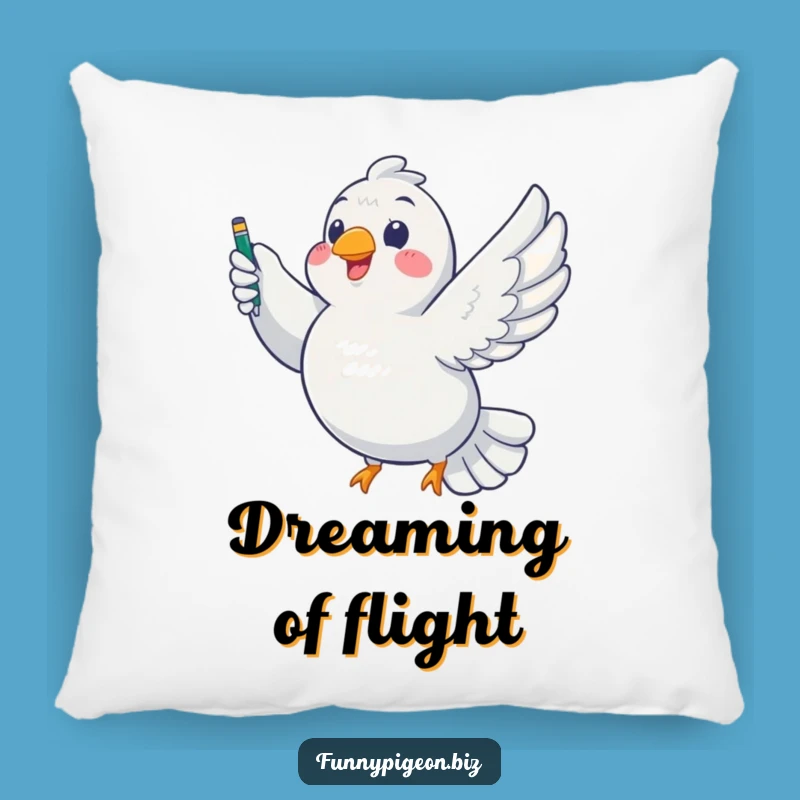 Funny Pigeon Writer Pillow: Chubby Bird Soaring with Pen - Cozy & Hilarious Accent!