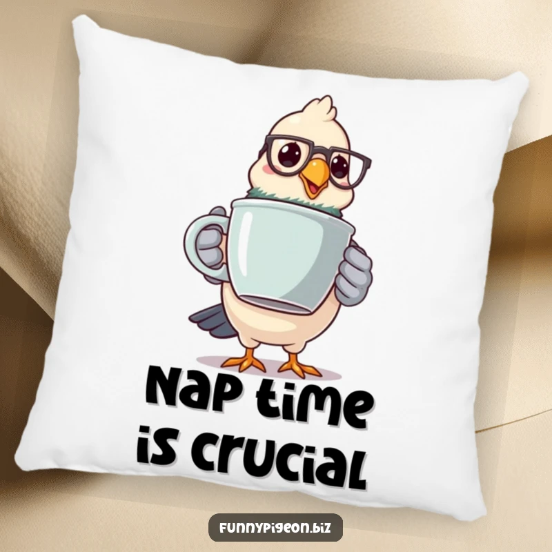 Funny pigeon coffee pillow featuring a spectacled bird wobbling with a giant mug, offering comfort and caffeine-fueled humor.