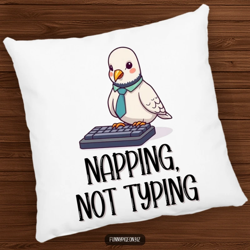 Funny Pigeon Pillow: A tiny pigeon in an office tie awkwardly pecks at a keyboard, offering comfort and a humorous office design.
