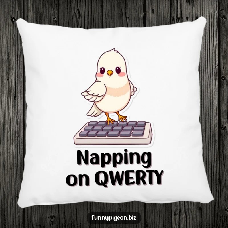 Funny pillow depicting a smug pigeon comfortably balancing on a computer keyboard, looking like the boss of the office.