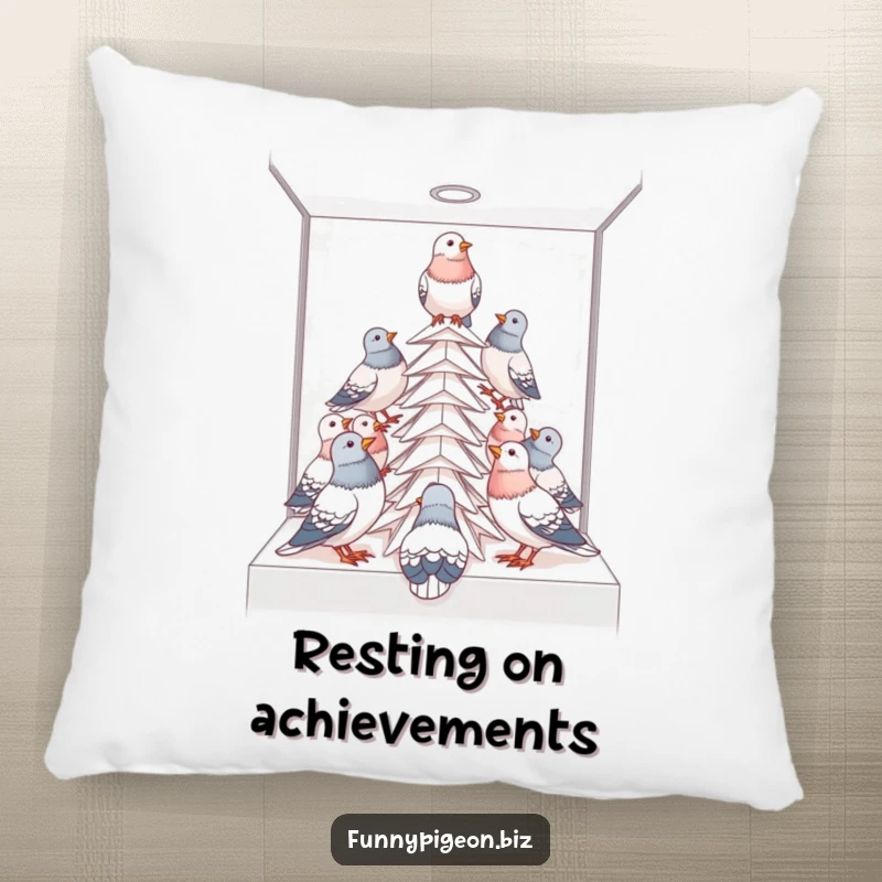 Funny pigeon teamwork pillow featuring birds building a paper tower in a cubicle, offering comfort and office humor.