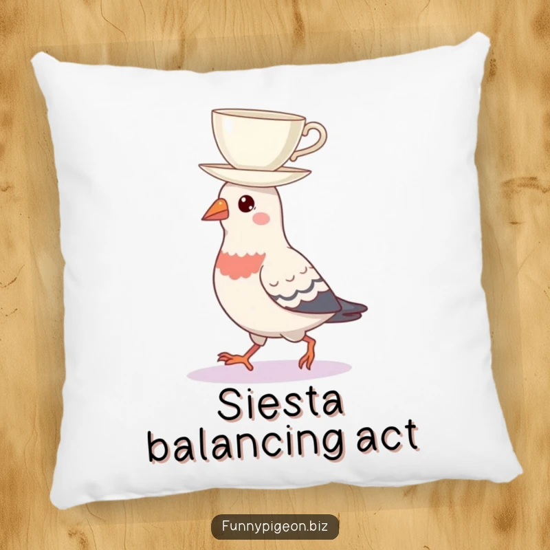 Soft decorative pillow featuring a funny pigeon balancing a teacup on its head, perfect for adding humorous comfort to any seating area.