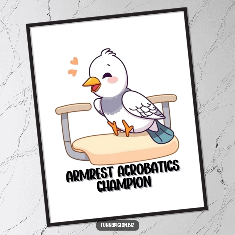 Funny pigeon digital art print of a pigeon giggling while sliding down an office chair armrest, a humorous and playful piece.