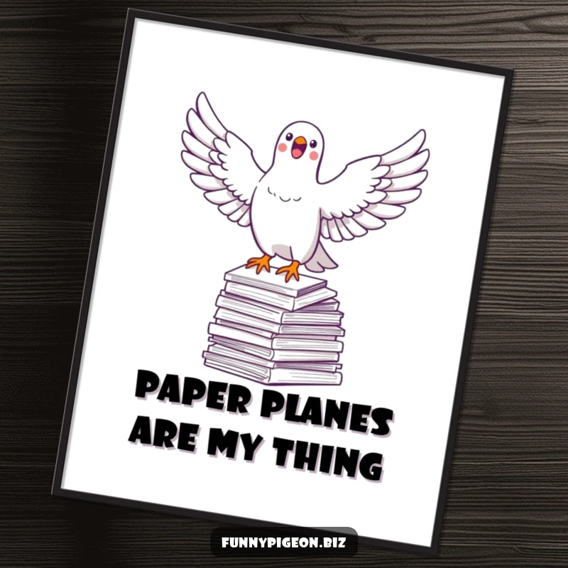 Funny pigeon digital art print of a jubilant pigeon soaring above paperwork, a humorous and inspiring piece for digital display.