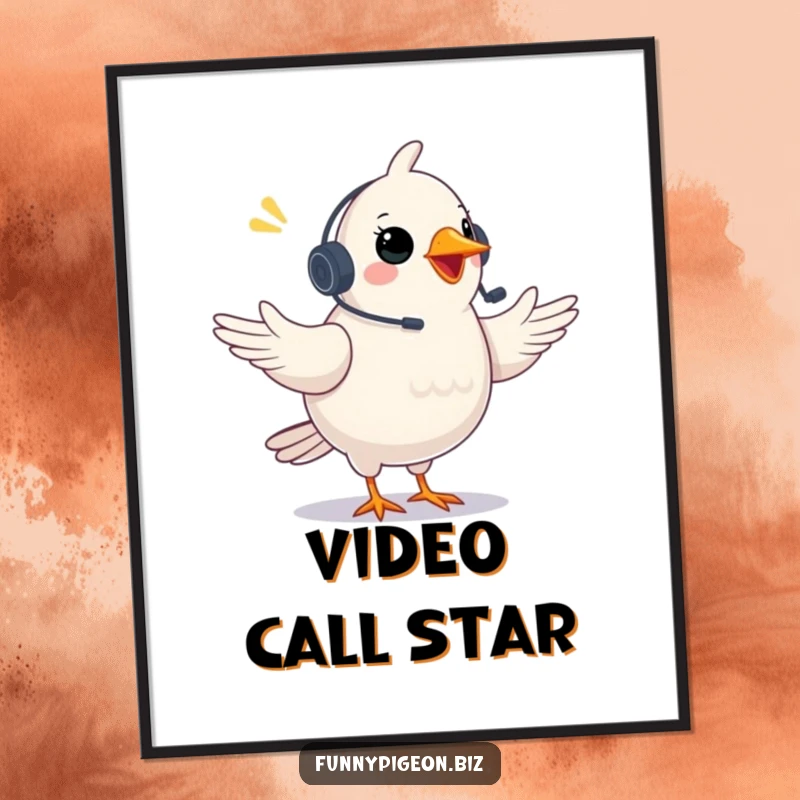 Funny Pigeon Digital Art Print: A plump pigeon with a headset gestures excitedly in a video conference, a humorous digital artwork.