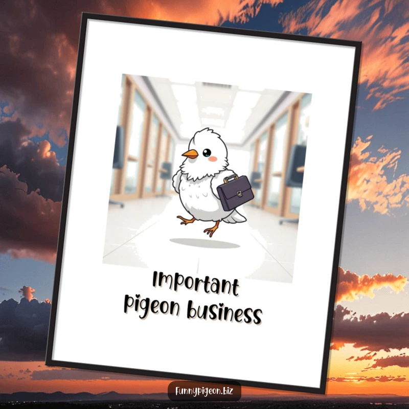 Funny pigeon office digital art print of a fluffy bird with a briefcase, hopping to work, ready to be displayed digitally.