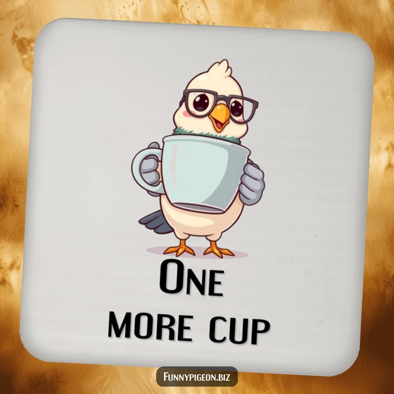 Funny pigeon coffee coaster showing a spectacled bird wobbling with a giant mug, protecting surfaces humorously.