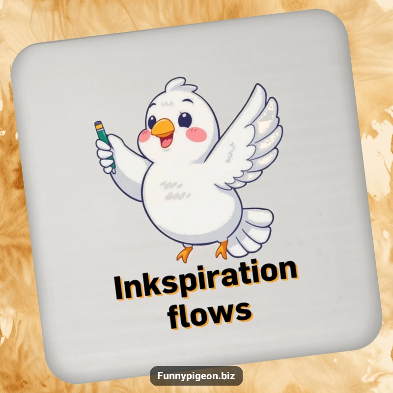 Funny Pigeon Writer Coaster: A chubby pigeon flies with a pen, a humorous and practical addition to any table setting.