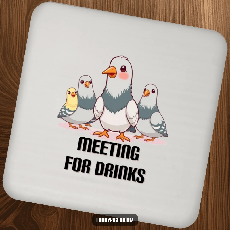 Funny drink coaster featuring pigeons in a pretend conference call, nodding enthusiastically, providing humorous protection for surfaces.