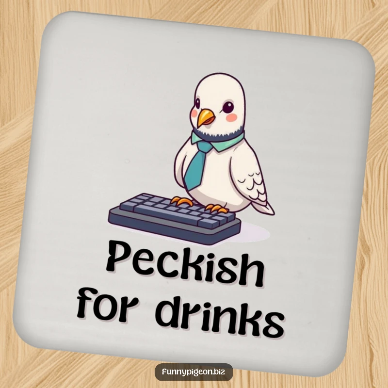 Funny Pigeon Drink Coaster: A tiny pigeon in an office tie awkwardly pecks at a keyboard, offering surface protection with humor.