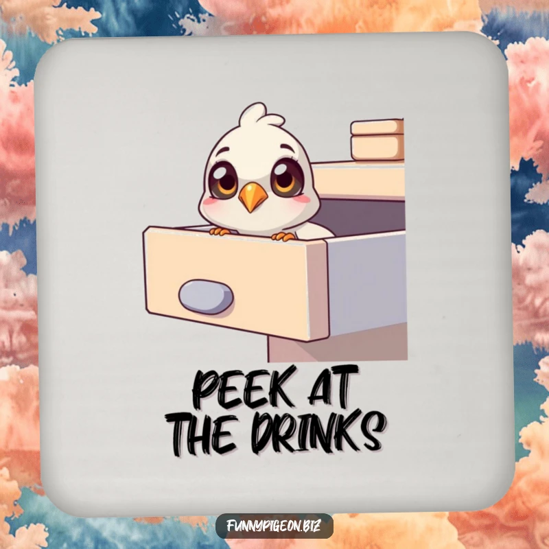 Funny pigeon drink coaster featuring a pigeon with curious eyes peering into an office drawer, adding a humorous, intriguing touch.