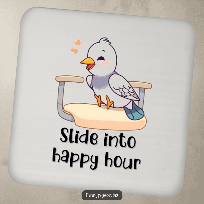 Funny pigeon drink coaster featuring a giggling pigeon sliding down an office chair armrest, adding a humorous and protective touch.