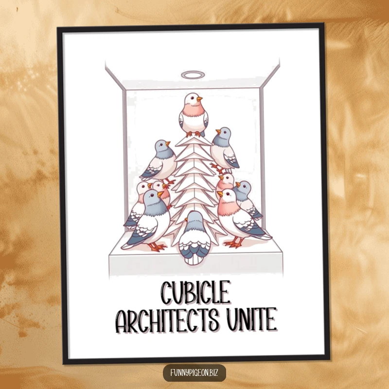 Funny pigeon office tower poster showcasing birds building a paper structure in a cubicle, perfect for wall decor.