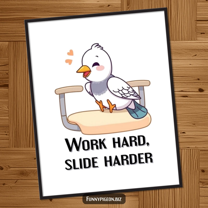Funny pigeon poster art of a pigeon giggling while sliding down an office chair armrest, adding humorous office fun to decor.