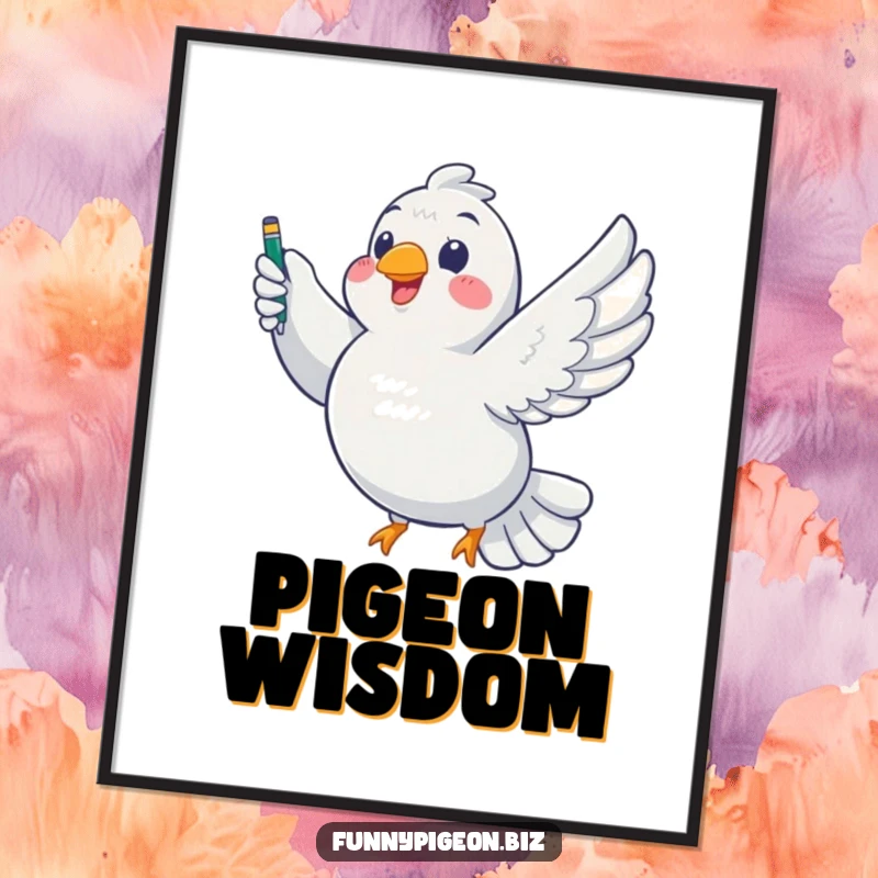 Funny Pigeon Writer Poster: A chubby pigeon with a pen in its beak soars triumphantly, a humorous and inspiring piece of wall art.