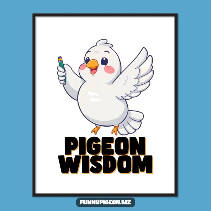 Funny Pigeon Writer Poster: Chubby Bird Soaring with Pen - Inspiring & Hilarious Wall Art!
