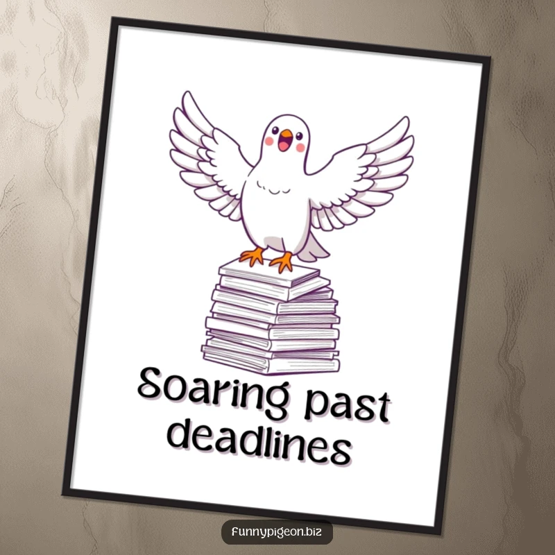 Funny pigeon poster art of a jubilant pigeon flying above paperwork, symbolizing freedom and a humorous escape from office drudgery.