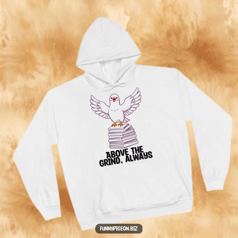Funny pigeon hoodie with a jubilant pigeon in flight above paperwork, offering cozy comfort and a humorous nod to office life.
