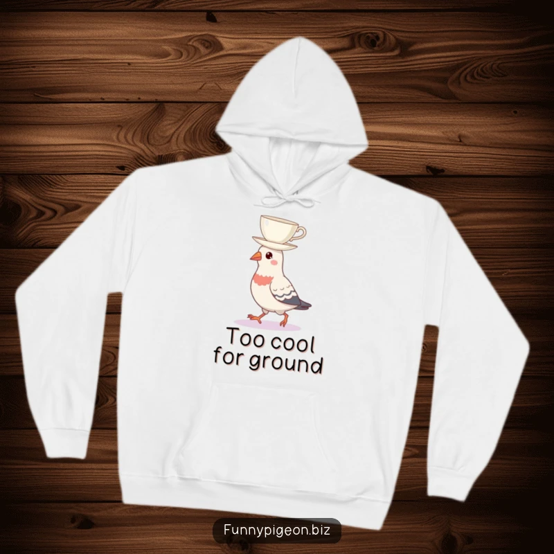 Soft hoodie with a funny pigeon balancing a teacup on its head, perfect for staying warm while channeling urban chic humor.
