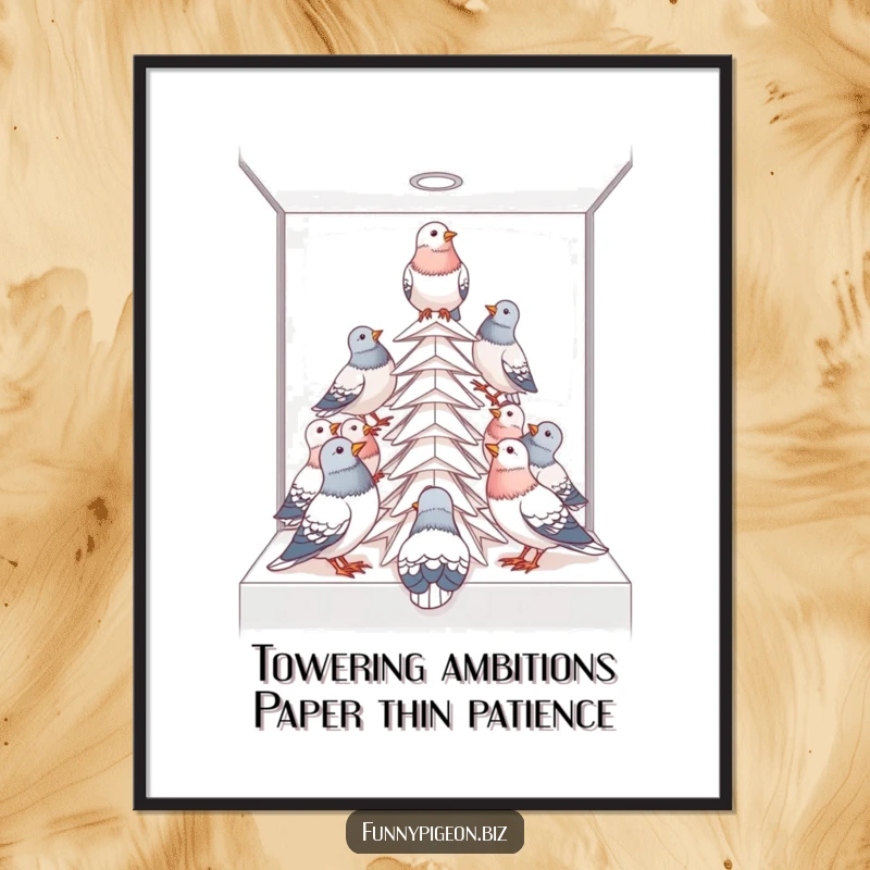 Funny Free Printable Wall Art: Pigeons playfully constructing a paper tower in a cubicle, humorous office scene, downloadable art.