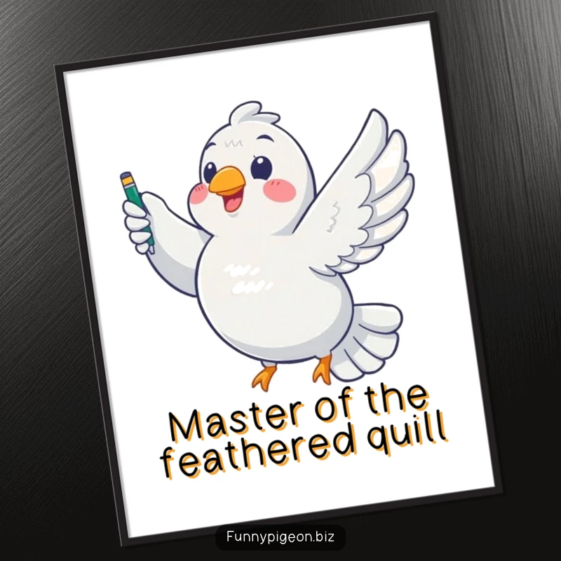 Funny free printable wall art: Chubby pigeon with a triumphant expression, flying high with a pen in its beak, ready to write success.