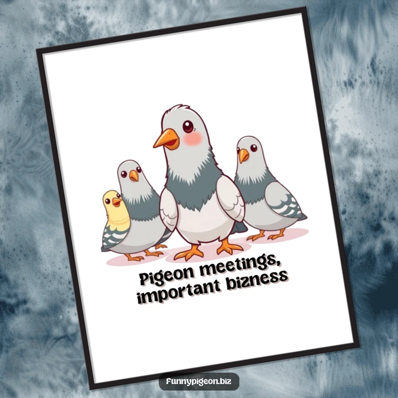 Funny Free Printable Wall Art of pigeons in a serious-looking conference call, with one pigeon nodding enthusiastically.